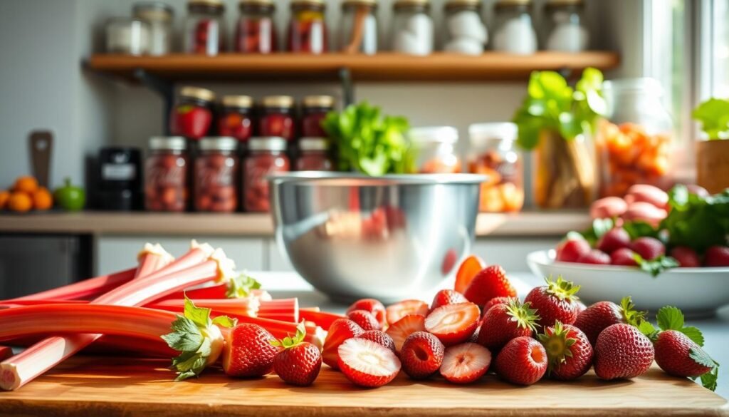 A bright and airy kitchen scene, showcasing the careful preparation of fresh strawberry rhubarb for storage. In the foreground, a wooden cutting board is adorned with vibrant red rhubarb stalks and juicy, plump strawberries, waiting to be trimmed and sliced. Soft, natural lighting filters in through a nearby window, casting a warm glow over the scene. In the middle ground, a stainless steel bowl stands ready to receive the prepped fruit, while in the background, shelves of mason jars and storage containers hint at the preservation process to come. The overall mood is one of focused attention, capturing the essence of "Preparation and Storage Mastery" for this beloved seasonal produce.