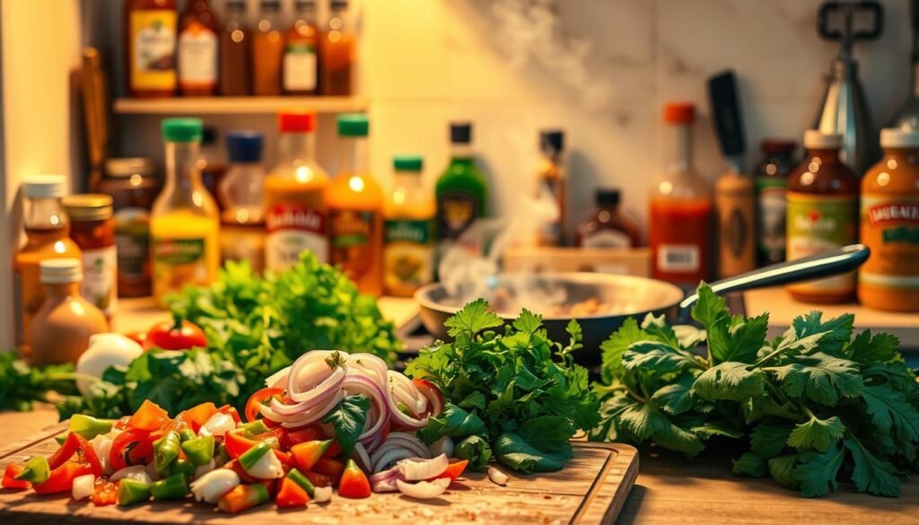 A brightly lit kitchen countertop, filled with a variety of Caribbean spices, herbs, and fresh produce. In the foreground, a cutting board with freshly chopped vegetables - vibrant peppers, onions, and leafy greens. In the middle ground, a sizzling pan on the stove, releasing aromatic steam. The background showcases an array of sauces, marinades, and seasoning blends, hinting at the flavorful possibilities. The scene is bathed in warm, golden lighting, capturing the essence of Caribbean cuisine and the science behind quick flavor development.