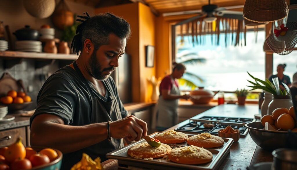 A bustling Caribbean kitchen, countertops laden with exotic fruits, spices, and baking tools. In the foreground, a skilled baker troubleshoots a challenging traditional recipe, brow furrowed in concentration as they meticulously adjust measurements and techniques. Warm, golden lighting casts a cozy glow, while the background reveals vibrant island scenery through a large window - swaying palm trees, azure skies, and the distant glimmer of the Caribbean Sea. The mood is one of determined problem-solving, balanced by the tranquil beauty of the tropical setting. Captured with a wide-angle lens to convey the energy and dynamism of this baking challenge.
