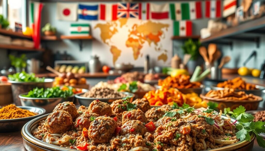 A bustling international kitchen filled with savory aromas. In the foreground, a platter showcases a variety of flavorful minced beef dishes - from classic Italian meatballs and spicy Mexican picadillo to fragrant Thai-style larb and aromatic Indian keema. The middle ground features diverse ingredients like ground spices, fresh herbs, and vibrant vegetables, hinting at the global culinary influences. The background reveals a panoramic view of the world, with flags and cultural motifs from various nations, creating a sense of a culinary melting pot. Warm, natural lighting illuminates the scene, casting a cozy, inviting atmosphere. A high-resolution, detailed image capturing the essence of "International Minced Beef Adventures". A bustling international kitchen filled with savory aromas. In the foreground, a platter showcases a variety of flavorful minced beef dishes - from classic Italian meatballs and spicy Mexican picadillo to fragrant Thai-style larb and aromatic Indian keema. The middle ground features diverse ingredients like ground spices, fresh herbs, and vibrant vegetables, hinting at the global culinary influences. The background reveals a panoramic view of the world, with flags and cultural motifs from various nations, creating a sense of a culinary melting pot. Warm, natural lighting illuminates the scene, casting a cozy, inviting atmosphere. A high-resolution, detailed image capturing the essence of "International Minced Beef Adventures".
