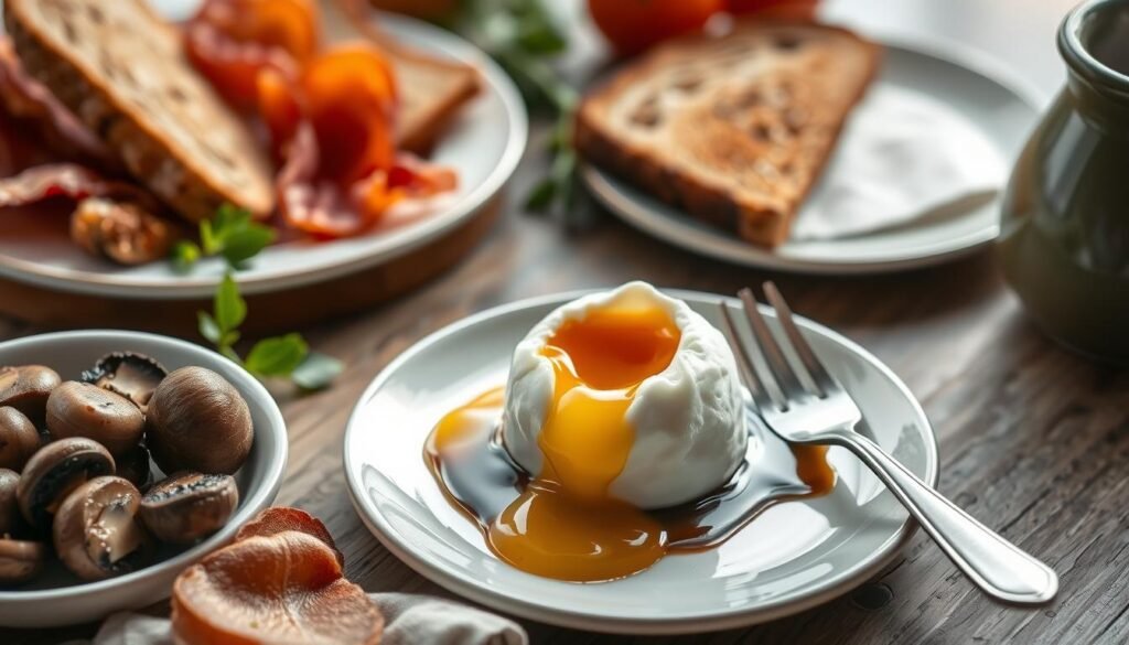 A carefully composed breakfast scene featuring a beautifully poached egg, set against a backdrop of rustically styled tableware and fresh ingredients. The egg's glistening yolk and delicate whites are the focal point, surrounded by a variety of accompaniments such as crisp bacon, sautéed mushrooms, and hearty whole-grain toast. Soft, natural lighting illuminates the scene, casting gentle shadows and highlighting the textures of the food. The overall mood is one of simple elegance and mouthwatering appeal, inviting the viewer to imagine the perfect poached egg breakfast.