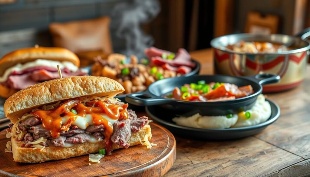 A carefully curated spread of tempting leftover corned beef dishes, artfully arranged on a rustic wooden table. In the foreground, a hearty Reuben sandwich with crisp rye bread, melted Swiss, and sauerkraut, drizzled with tangy Russian dressing. Beside it, delectable corned beef hash sizzles in a cast-iron skillet, the edges crisped to perfection. In the middle ground, tender slices of corned beef are layered atop a bed of creamy mashed potatoes, garnished with vibrant green scallions. In the background, a classic corned beef and cabbage stew simmers gently, the aromatic steam rising to fill the air. Warm, inviting lighting casts a cozy glow, evoking the comforting flavors of a hearty, homemade meal.