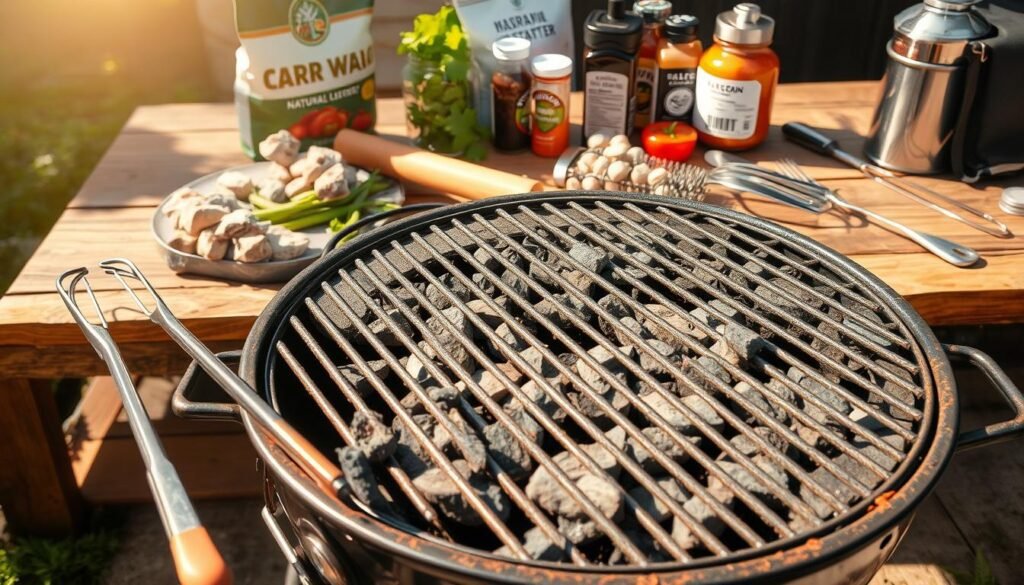 A charcoal grill setup with essential tools and ingredients, bathed in warm afternoon sunlight. In the foreground, a well-seasoned grill grate sits atop a sturdy kettle grill, its metal grates gleaming. Surrounding it, a selection of charcoal briquettes, long-handled tongs, a wire brush, and a stainless steel spatula are neatly arranged. In the middle ground, a bag of natural lump charcoal and a portable chimney starter stand ready. The background features a rustic wooden table, with a selection of fresh herbs, spices, and sauces, hinting at the flavorful dishes to come. The overall scene conveys a sense of preparedness, inviting the viewer to embark on a delightful grilling experience.