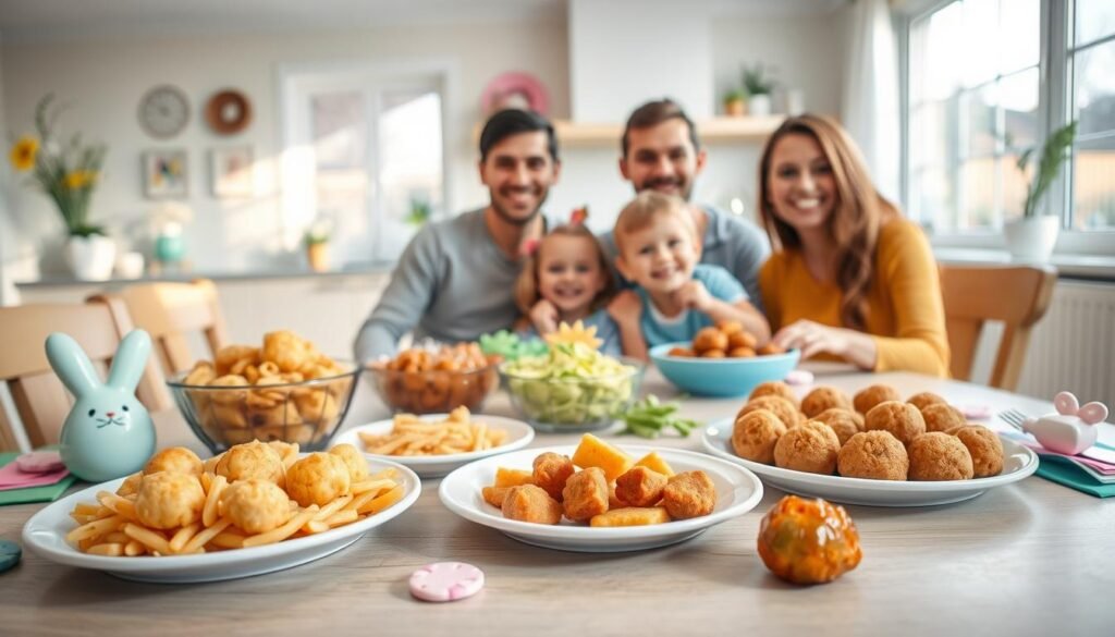 A cheerful Easter meal scene with a variety of kid-friendly main course options. In the foreground, a table is set with plates of colorful, fun-shaped pasta dishes, mini chicken nuggets, and veggie-packed mini meatballs. A few whimsical Easter decorations, like bunny-shaped crackers and pastel-colored napkins, add to the festive atmosphere. In the middle ground, a family of four - parents and two young children - are seated around the table, enjoying the meal together with smiles on their faces. The background features a bright, airy kitchen with spring-themed wall decor and large windows letting in warm, natural light. The overall mood is one of togetherness, joy, and nourishment. A cheerful Easter meal scene with a variety of kid-friendly main course options. In the foreground, a table is set with plates of colorful, fun-shaped pasta dishes, mini chicken nuggets, and veggie-packed mini meatballs. A few whimsical Easter decorations, like bunny-shaped crackers and pastel-colored napkins, add to the festive atmosphere. In the middle ground, a family of four - parents and two young children - are seated around the table, enjoying the meal together with smiles on their faces. The background features a bright, airy kitchen with spring-themed wall decor and large windows letting in warm, natural light. The overall mood is one of togetherness, joy, and nourishment.