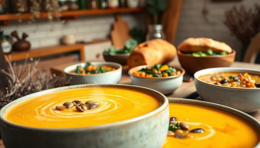 A cheerful, cozy winter scene showcasing an array of hearty, nourishing vegetarian soups. In the foreground, a large, steaming bowl of creamy butternut squash soup, garnished with toasted pumpkin seeds and a drizzle of fragrant olive oil. In the middle ground, a rustic wooden table set with bowls of vibrant lentil and kale soup, as well as a crusty loaf of freshly baked bread. In the background, a warm, softly lit kitchen, with shelves stocked with jars of aromatic herbs and spices. The overall mood is one of comfort, wellness, and the inviting aromas of homemade, plant-based goodness.