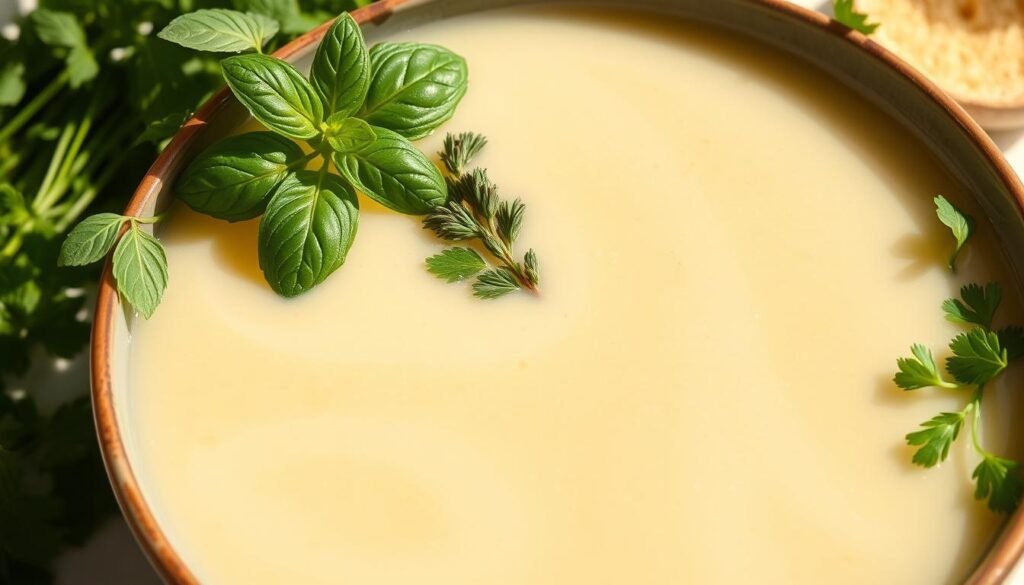 A chilled bowl of vibrant vegetable soup, its creamy texture and cool temperature inviting on a warm summer day. Fresh herbs - fragrant basil, aromatic thyme, and peppery parsley - adorn the surface, their verdant hues a striking contrast to the pale, velvety broth. Soft natural light bathes the scene, casting gentle shadows that accentuate the bowl's contours. The composition is clean and uncluttered, allowing the soup's simple, wholesome ingredients to shine. An immersive, refreshing vision that captures the essence of a vegetable-forward chilled soup.