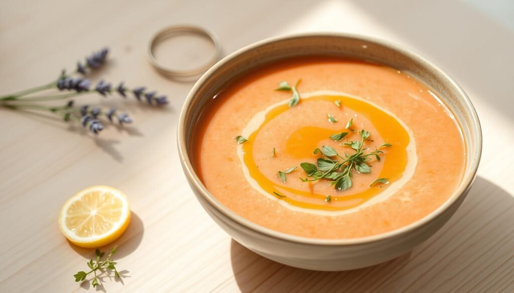 A chilled, creamy gazpacho soup served in a wide, shallow bowl. Garnished with delicate microgreens, fresh herbs, and a drizzle of olive oil. The bowl sits on a light wooden table, with a sprig of lavender and a slice of lemon providing a natural, elegant accent. Soft, natural lighting casts a warm glow, highlighting the vibrant colors and textures of the presentation. The overall mood is one of simplicity, refinement, and the flavors of a bountiful summer season.