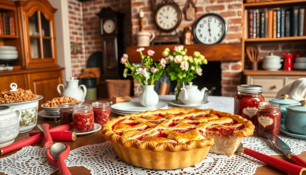 A classic rhubarb dessert scene set in a cozy, vintage kitchen. In the foreground, a delectable rhubarb pie fresh out of the oven, its golden-brown crust and ruby-red filling glistening under soft, warm lighting. Surrounding the pie, a assortment of rhubarb-based treats - rhubarb crumble, rhubarb compote, and rhubarb-strawberry jam jars. In the middle ground, a wooden table with an elegant lace tablecloth, antique dishware, and a vase of spring flowers. The background features a brick fireplace with a grandfather clock, cast iron pots, and shelves brimming with classic cookbooks. An inviting, homey atmosphere that celebrates the timeless appeal of classic rhubarb desserts.
