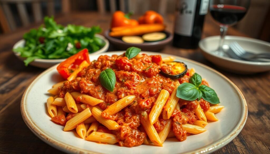 A classic vegetarian pasta dish, expertly plated. In the foreground, a generous serving of al dente penne pasta, tossed in a rich, creamy tomato sauce, accented with fresh basil leaves. In the middle ground, roasted bell peppers and zucchini slices, adding pops of color and texture. The background features a rustic wooden table, with a bottle of red wine and a simple green salad, creating a cozy, inviting atmosphere. The lighting is soft and warm, highlighting the vibrant hues of the ingredients. Shot with a wide-angle lens to capture the full scene, this image exudes the comforting essence of a homemade, meatless pasta dish that would be at home in any authentic Italian kitchen.