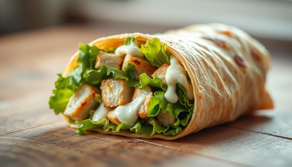 A close-up of a freshly prepared Chicken Caesar Salad Wrap, with crisp romaine lettuce, tender grilled chicken, and a creamy Caesar dressing, wrapped in a soft, golden-brown tortilla. The wrap is placed on a rustic wooden table, illuminated by soft, natural lighting that casts a warm, inviting glow. The composition is framed to highlight the textures and flavors of the dish, enticing the viewer to take a bite and enjoy this delightful lunch option.