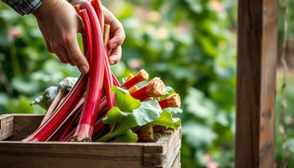 A close-up photograph of a person's hands carefully selecting and grasping the thick, vibrant red stalks of rhubarb from a rustic wooden crate or basket, set against a backdrop of a lush, verdant garden or a simple, natural setting. The lighting is soft and diffused, creating a warm, inviting atmosphere. The image captures the tactile experience of harvesting this versatile ingredient, highlighting its unique texture and color in a way that inspires the viewer to explore its culinary potential.