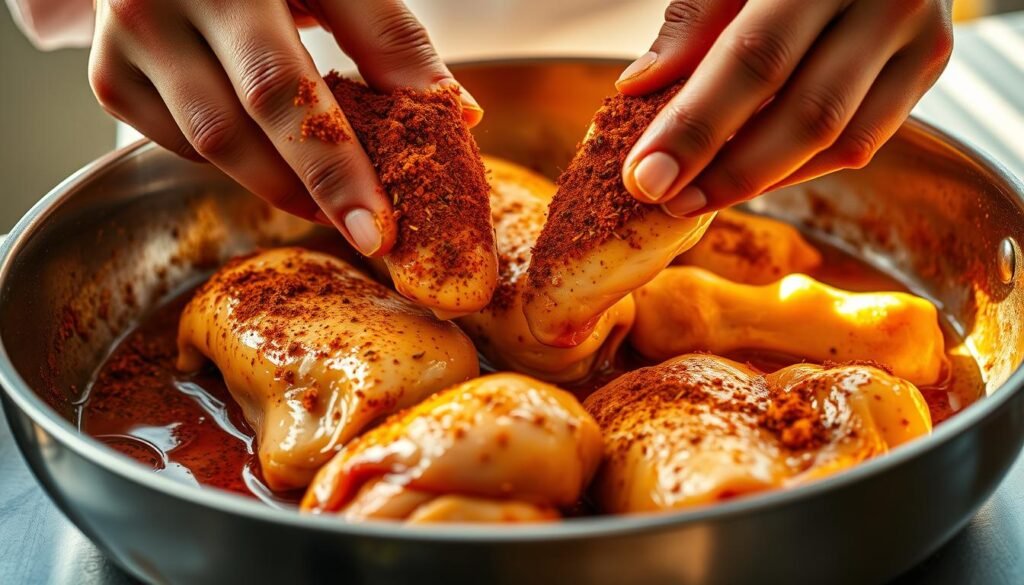 A close-up shot of a chef's hands flash marinating Caribbean-style chicken. Vibrant spices like paprika, cumin, and allspice are rubbed into the meat, creating an earthy, aromatic blend. The chicken is suspended in a shallow pan, glistening with a glossy marinade made from fresh lime juice, coconut milk, and fiery Scotch bonnet peppers. Warm rays of sunlight filter through the scene, casting a golden glow and highlighting the textures of the raw ingredients. The overall composition exudes a breezy, island-inspired aesthetic, hinting at the quick, flavorful cooking techniques featured in the article.