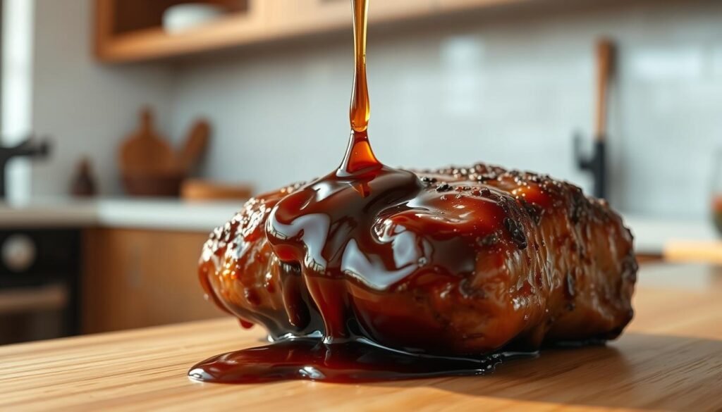 A close-up shot of a shiny, glistening glaze dripping from a perfectly grilled piece of meat, set against a backdrop of a modern Japanese-inspired kitchen. The glaze has a deep, rich hue with hints of soy sauce, mirin, and honey, creating a mouthwatering umami flavor. The lighting is soft and warm, highlighting the texture of the meat and the viscosity of the glaze. The composition is balanced, with the glaze taking center stage, framed by a clean, minimalist kitchen counter and hints of wooden accents in the background. A close-up shot of a shiny, glistening glaze dripping from a perfectly grilled piece of meat, set against a backdrop of a modern Japanese-inspired kitchen. The glaze has a deep, rich hue with hints of soy sauce, mirin, and honey, creating a mouthwatering umami flavor. The lighting is soft and warm, highlighting the texture of the meat and the viscosity of the glaze. The composition is balanced, with the glaze taking center stage, framed by a clean, minimalist kitchen counter and hints of wooden accents in the background.