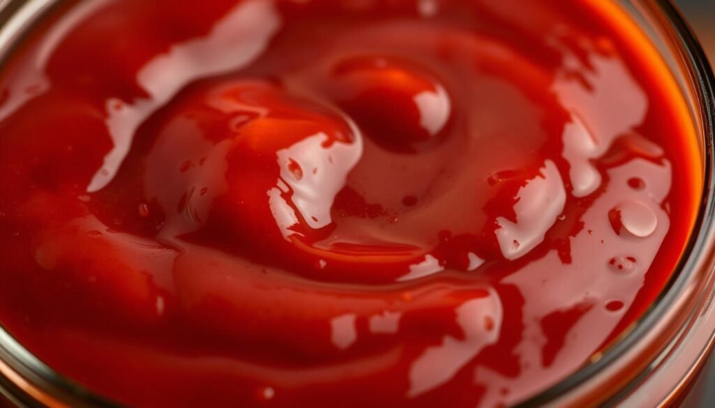 A close-up shot of a thick, glossy spicy BBQ sauce, its deep crimson hue glistening under warm, focused lighting. The sauce has a luscious, velvety texture, with swirling patterns and subtle variations in tone. Hints of garlic, ginger, and smoked paprika are visible, adding depth and complexity to the flavor profile. The sauce is presented in a sleek, minimalist glass container, its label-free design allowing the vibrant color and enticing viscosity to take center stage. The overall mood is one of rich, mouthwatering umami, inviting the viewer to imagine the bold, tantalizing taste. A close-up shot of a thick, glossy spicy BBQ sauce, its deep crimson hue glistening under warm, focused lighting. The sauce has a luscious, velvety texture, with swirling patterns and subtle variations in tone. Hints of garlic, ginger, and smoked paprika are visible, adding depth and complexity to the flavor profile. The sauce is presented in a sleek, minimalist glass container, its label-free design allowing the vibrant color and enticing viscosity to take center stage. The overall mood is one of rich, mouthwatering umami, inviting the viewer to imagine the bold, tantalizing taste.