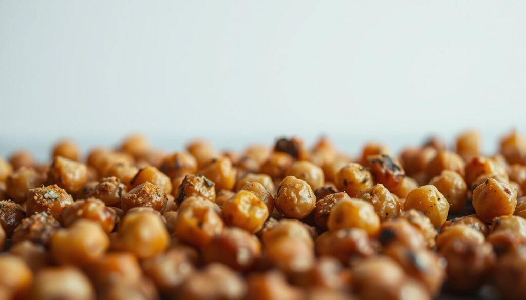 A close-up shot of freshly roasted chickpeas, their crispy exteriors lightly dusted with a blend of aromatic spices. The chickpeas are arranged in the foreground, their warm, earthy tones complemented by a soft, diffused lighting that casts gentle shadows. The middle ground is subtly blurred, allowing the viewer to focus on the tempting textures and flavors of the savory snack. The background is a simple, neutral setting, creating a clean, minimalist aesthetic that highlights the star of the image - the delectable, spicy roasted chickpeas.