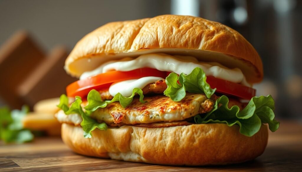 A close-up view of a freshly prepared chicken sandwich, featuring a golden-brown brioche bun, juicy grilled chicken breast, crisp lettuce leaves, sliced tomatoes, and a generous spread of creamy mayonnaise. The sandwich is framed against a blurred, warm-toned background, suggesting a cozy, homey kitchen setting. Soft directional lighting from the side casts subtle shadows, accentuating the sandwich's appetizing texture and presentation. The overall mood is one of comfort, simplicity, and the satisfying pleasure of a delicious midday meal.