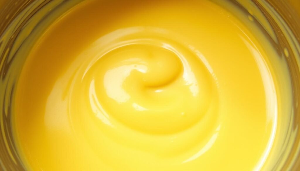 A close-up view of a mixing bowl filled with a smooth, glossy batter, with a perfect consistency that is neither too thin nor too thick. The batter has a vibrant golden-yellow color, indicating the use of high-quality eggs and dairy. Tiny air bubbles are visible, suggesting the batter has been gently mixed to incorporate air, resulting in a light and fluffy texture. The surface of the batter is free of any lumps or imperfections, creating a seamless and uniform appearance. Soft, diffused lighting illuminates the scene, highlighting the rich, creamy texture of the batter and casting gentle shadows that add depth and dimension to the image. A close-up view of a mixing bowl filled with a smooth, glossy batter, with a perfect consistency that is neither too thin nor too thick. The batter has a vibrant golden-yellow color, indicating the use of high-quality eggs and dairy. Tiny air bubbles are visible, suggesting the batter has been gently mixed to incorporate air, resulting in a light and fluffy texture. The surface of the batter is free of any lumps or imperfections, creating a seamless and uniform appearance. Soft, diffused lighting illuminates the scene, highlighting the rich, creamy texture of the batter and casting gentle shadows that add depth and dimension to the image.