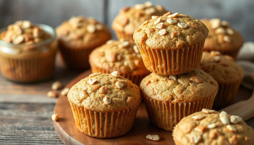 A closeup shot of a stack of freshly baked high protein muffins, their golden-brown tops lightly dusted with a sprinkling of chopped nuts. The muffins are arranged on a rustic wooden surface, with a gentle side lighting illuminating their soft, moist interiors. The scene evokes a cozy, homemade atmosphere, perfect for a nutritious lunchbox addition or a satisfying snack. The muffins are made with wholesome ingredients like whey protein, oats, and Greek yogurt, providing a boost of energy and essential nutrients for growing kids.