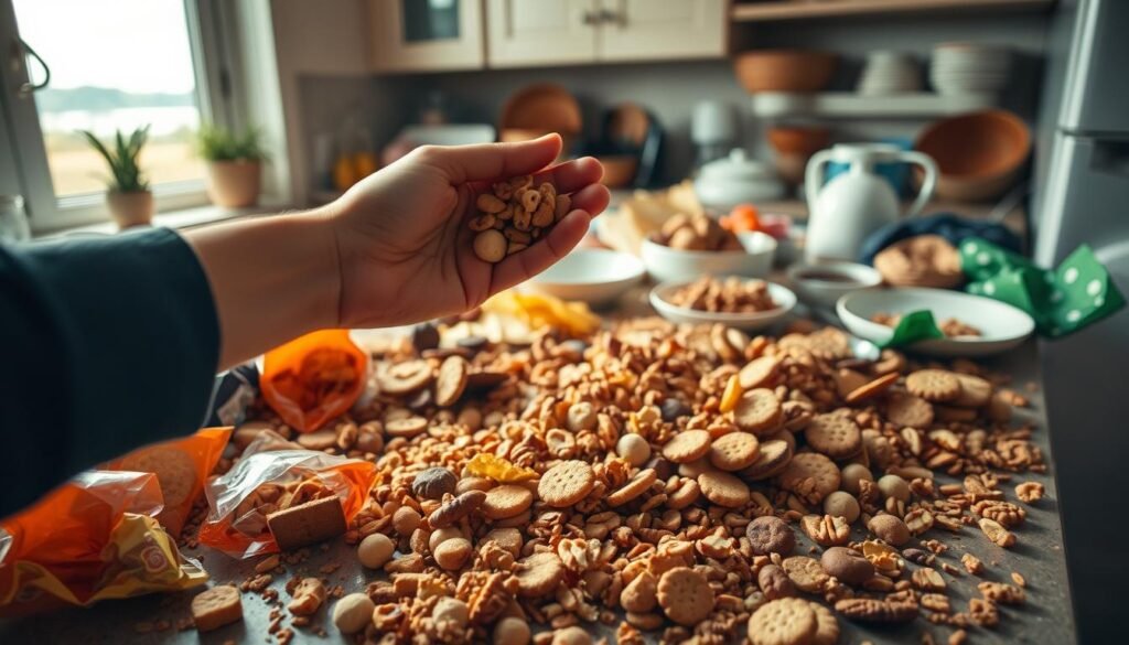 A cluttered kitchen counter overflows with an assortment of leftover snacks - crumpled bags of chips, half-eaten cookies, stray nuts, and crumbs from previous indulgences. The lighting is warm and softly diffused, creating a cozy, inviting atmosphere. In the foreground, a creative hand reaches for a handful of the mismatched morsels, ready to transform these remnants into something new and satisfying. The middle ground features various bowls, plates, and utensils, hinting at the potential for culinary repurposing. In the background, a window frames a serene outdoor scene, providing a sense of tranquility and inspiration. The overall mood is one of resourcefulness, comfort, and the joy of finding unexpected delight in the simplest of food scraps.
