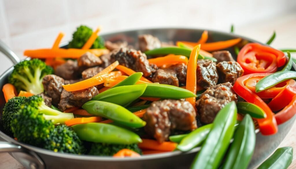 A colorful and appetizing stir-fry dish featuring an assortment of fresh, vibrant vegetables in the foreground. Juicy beef strips sizzle in a wok, surrounded by broccoli florets, julienned carrots, thinly sliced bell peppers, and crisp snow peas. The vegetables are bathed in a glistening, flavorful sauce that catches the warm, even lighting from above, creating a mouthwatering scene. The background is a clean, neutral kitchen countertop, allowing the healthy, low-carb ingredients to take center stage. The composition is balanced, drawing the eye to the delectable stir-fry that looks both nutritious and incredibly tempting.