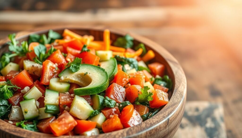 A colorful and vibrant raw vegan summer dish presented in a rustic wooden bowl. The foreground features an assortment of freshly chopped vegetables, including juicy tomatoes, crisp cucumbers, crunchy carrots, and fragrant herbs. The middle ground showcases a bed of leafy greens, such as kale and spinach, alongside avocado slices and a sprinkle of seeds or nuts. The background has a warm, natural lighting, casting gentle shadows and highlighting the vibrant hues of the ingredients. The overall composition evokes a sense of freshness, vitality, and the essence of a nourishing, plant-based summer meal.