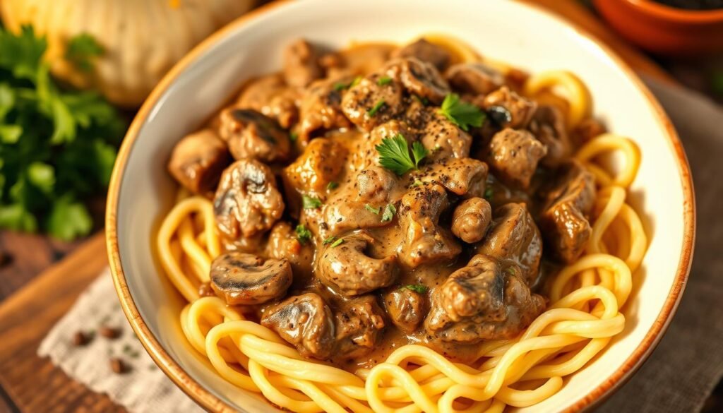 A comforting bowl of homemade beef stroganoff, a classic comfort food dish. The tender beef simmered in a rich, creamy mushroom sauce, served over a bed of buttery egg noodles. Garnished with fresh parsley and a sprinkle of black pepper, illuminated by warm, golden lighting from the side. Captured in a close-up, high-resolution photograph with a shallow depth of field, emphasizing the dish's luxurious textures and inviting aroma.