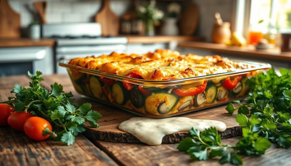 A cozy and inviting vegetarian casserole laid out on a rustic wooden table, surrounded by fresh herbs, vegetables, and a light, creamy sauce. The casserole dish is steaming, revealing layers of roasted bell peppers, zucchini, and mushrooms, topped with a golden, bubbly cheese crust. In the background, a softly illuminated kitchen scene with natural light filtering through a window, creating a warm, homey atmosphere. The composition is balanced, with the casserole as the central focus, and the supporting ingredients and kitchen setting providing a delightful visual context.
