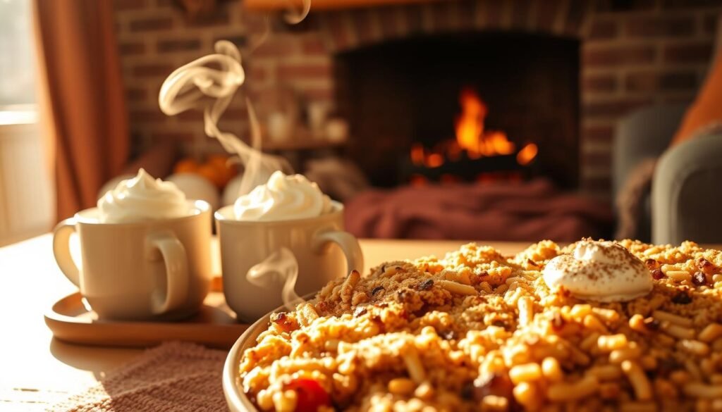 A cozy autumn scene, bathed in warm, golden light. In the foreground, a platter of freshly baked apple crumble, its buttery crust glistening, the caramelized apples peeking through. Wisps of steam rise, carrying the scent of cinnamon and nutmeg. In the middle ground, a pair of ceramic mugs filled with rich, creamy hot chocolate, topped with dollops of whipped cream and a dusting of cocoa powder. The background is a comfy living room, with a brick fireplace casting a gentle glow, and plush, autumnal-hued textiles adding to the inviting atmosphere. The overall mood is one of comfort, indulgence, and the embrace of the season's simple pleasures.
