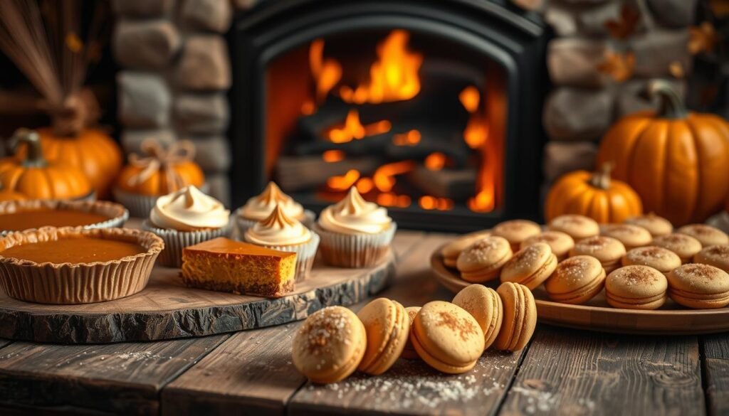 A cozy autumn scene featuring an assortment of pumpkin spice-infused desserts. In the foreground, a rustic wooden table is adorned with a selection of warm pumpkin pies, spiced cupcakes, and creamy pumpkin cheesecake slices. The middle ground showcases a platter of delicate pumpkin macarons, dusted with a light coating of cinnamon sugar. In the background, a crackling fireplace casts a soft, golden glow, setting the mood for this inviting autumnal display. The lighting is warm and atmospheric, capturing the comforting essence of the season. Captured with a shallow depth of field, the focus draws the viewer's attention to the delectable array of pumpkin-infused delights.