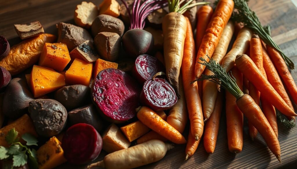 A cozy autumn scene filled with an assortment of hearty root vegetables, including golden-hued roasted sweet potatoes, earthy beets in deep crimson and vibrant orange, tender parsnips, and buttery-soft carrots. The vegetables are arranged in a rustic, casual manner on a wooden table, bathed in warm, soft lighting that casts gentle shadows. The overall atmosphere is one of comfort and nourishment, with the vegetables looking perfectly roasted and seasoned, ready to be enjoyed as a comforting and healthy side dish. The scene has a natural, organic feel, with slight imperfections and variations in the textures and shapes of the vegetables, conveying a homemade, homely quality.