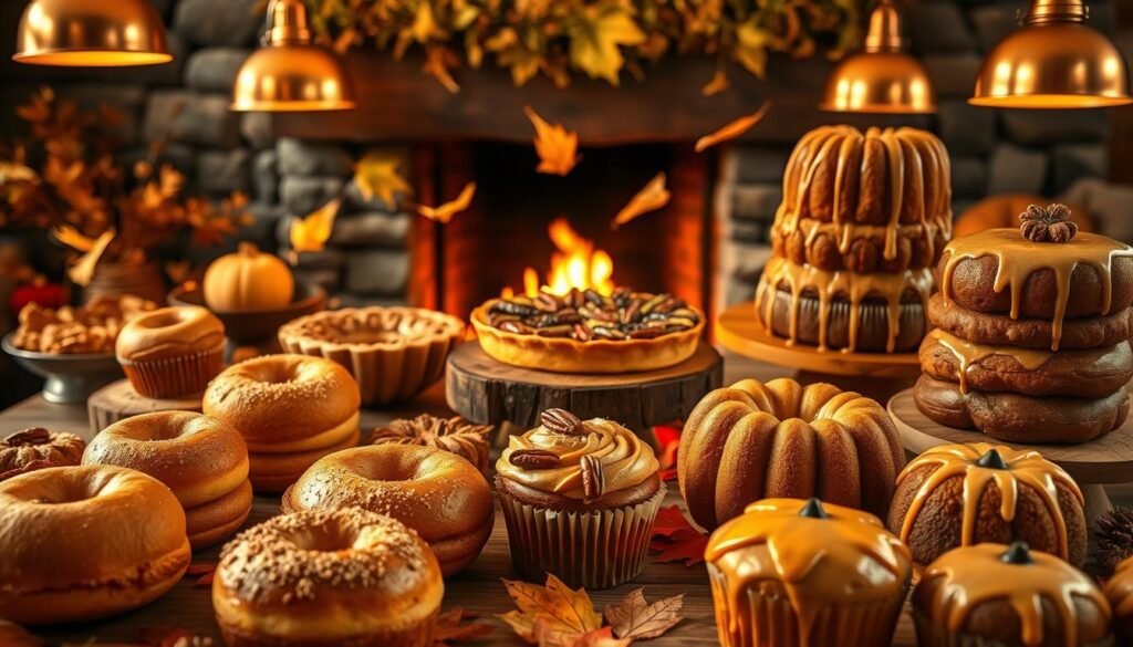 A cozy autumn scene of clove-infused fall desserts taking center stage. In the foreground, a neatly arranged display of plump pumpkin spice donuts, cinnamon-dusted crescent rolls, and fragrant apple cider cupcakes with clove-studded tops. The middle ground showcases a rustic wooden table laden with a steaming pecan pie, a berry-crowned clafoutis, and a towering spiced bundt cake drizzled with a golden glaze. In the background, a warm fireplace casts a soft, inviting glow, while golden leaves drift lazily through the air, creating an atmosphere of comforting autumnal bliss. Warm lighting from copper pendant lamps illuminates the scene, highlighting the rich, spiced hues of the desserts. The overall mood evokes a sense of cozy, homespun indulgence, perfectly capturing the essence of fall.