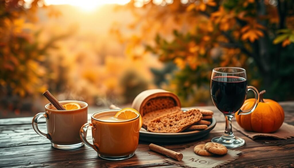 A cozy autumn scene with a selection of warm, spiced beverages arranged on a rustic wooden table. In the foreground, steaming mugs of cinnamon-spiced apple cider, pumpkin spice latte, and mulled wine with orange slices and cinnamon sticks. In the middle ground, a tray of fresh-baked pumpkin bread and gingerbread cookies. The background features a gentle fall landscape with trees ablaze in vibrant oranges, reds, and yellows, illuminated by soft, diffused lighting as if from a setting sun. The overall mood is one of comfort, nostalgia, and the welcoming embrace of the autumn season.