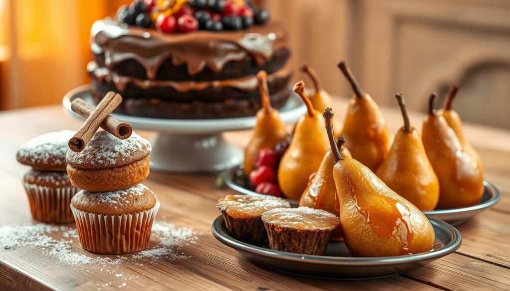 A cozy autumn scene with an assortment of seasonal gluten-free desserts artfully arranged on a wooden table. In the foreground, a stack of pumpkin spice cupcakes dusted with powdered sugar and garnished with cinnamon sticks. Next to it, a tray of plump, glistening poached pears, their golden flesh complemented by a drizzle of caramel sauce. In the middle ground, a luscious chocolate layer cake with a rich, fudgy frosting, surrounded by fresh berries and rosemary sprigs. The background features a warm, softly-lit interior, hinting at the comforting, home-baked ambiance. Soft, diffused lighting casts a gentle glow over the delectable spread, inviting the viewer to indulge in these allergen-safe, seasonal delights.