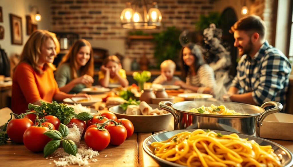 A cozy family kitchen, bathed in warm, golden light. In the foreground, a bountiful spread of fresh ingredients - plump tomatoes, fragrant basil, grated Parmesan, and a steaming pot of al dente pasta, the aroma filling the air. In the middle ground, a family gathered around the table, eager faces smiling as they serve generous portions onto their plates. In the background, a rustic Italian-inspired decor, with exposed brick walls and a vintage-style light fixture casting a soft glow. The scene exudes a sense of comfort, togetherness, and the simple pleasure of a homemade, family-style pasta dinner.