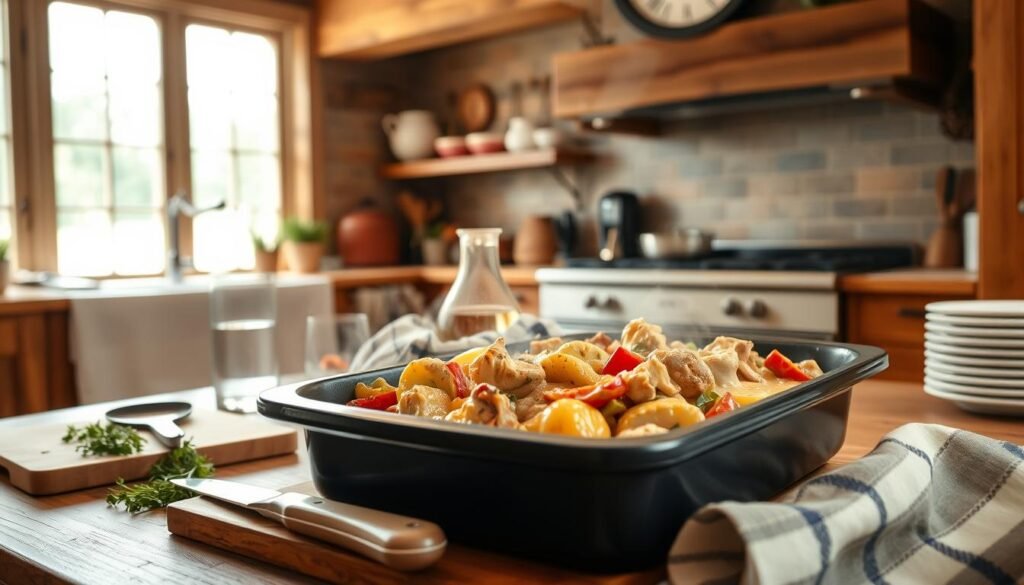 A cozy, inviting one-pan casserole scene set in a rustic kitchen. In the foreground, a steaming hot casserole dish filled with a delectable mixture of tender chicken, roasted vegetables, and a creamy sauce. Surrounding the dish, various prep tools like a wooden spoon, a sharp knife, and a cutting board with fresh herbs. In the middle ground, a farmhouse-style kitchen counter with a simple yet elegant tablecloth, a stack of clean plates, and a carafe of fresh water. The background features natural light streaming in through large windows, highlighting the warm, earthy tones of the wooden cabinetry and exposed beams. The overall mood is one of comfort, simplicity, and the enticing aroma of a homemade casserole ready to be enjoyed on a busy night.