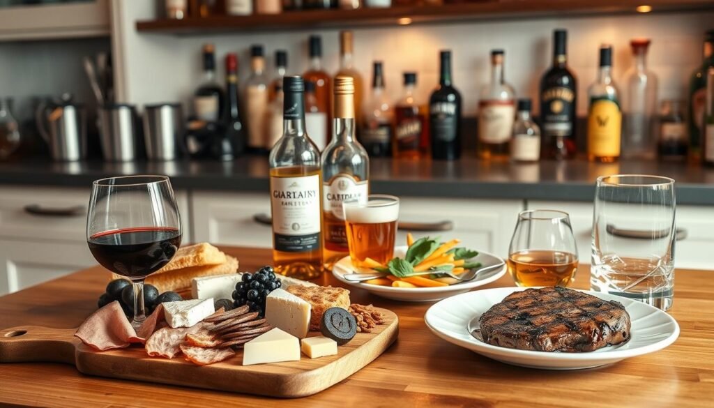 A cozy kitchen counter with a selection of gourmet food pairings and their complementary drinks. In the foreground, a wooden board displays an assortment of artisanal cheeses, cured meats, and fresh bread, accompanied by a glass of robust red wine. In the middle ground, a bottle of craft beer and a plate of seared steak with roasted vegetables sit alongside a tumbler of single-malt whisky. The background features a well-stocked bar with various liquor bottles, cocktail shakers, and glassware, all bathed in a warm, inviting lighting that creates a convivial atmosphere perfect for pairing food and drinks.