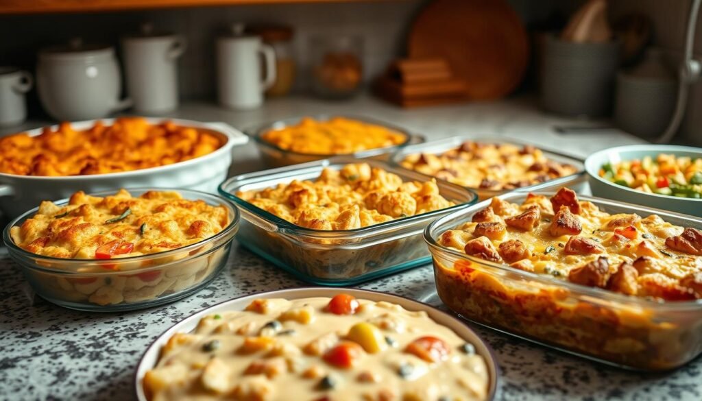 A cozy kitchen countertop showcases an assortment of casserole dishes, each representing a special dietary need. In the foreground, a creamy dairy-free casserole with vibrant vegetables and plant-based protein shines under warm, soft lighting. In the middle ground, a gluten-free casserole with a golden, crispy topping rests alongside a low-sodium dish with tender, simmered ingredients. In the background, a keto-friendly casserole with hearty meats and low-carb vegetables is flanked by a casserole suitable for those with nut allergies, featuring a medley of soothing textures and flavors. The overall scene exudes a welcoming, comforting atmosphere, inviting the viewer to explore the delicious possibilities of casserole recipes for special diets.