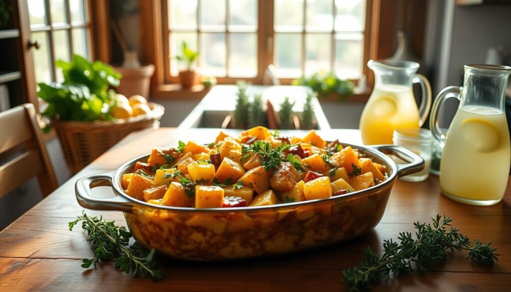 A cozy kitchen interior, sunlit through large windows, showcasing a bountiful casserole dish on a rustic wooden table. The casserole is filled with a vibrant medley of seasonal vegetables - tender squash, hearty root veggies, and fresh herbs, all simmered in a rich, creamy sauce. Surrounding the casserole are various complementary ingredients, such as a basket of freshly harvested greens, a bundle of fragrant thyme, and a pitcher of homemade lemonade. The scene exudes warmth, comfort, and the inviting aroma of a homemade, wholesome meal. A 35mm lens captures the tableau in a soft, natural light, creating a welcoming, farmhouse-inspired atmosphere.