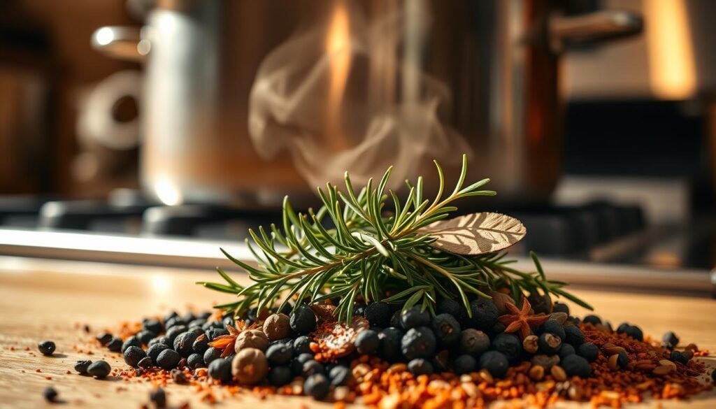 A cozy kitchen scene, a large pot simmering on the stove, steam rising gently. In the foreground, a handful of fresh herbs - rosemary, thyme, and bay leaves - are scattered atop a pile of aromatic spices, including black peppercorns, coriander seeds, and a sprinkle of smoked paprika. The lighting is warm and inviting, casting a golden glow over the scene. The overall mood is one of comforting, homemade goodness, with the focus on the harmonious blend of flavors that will infuse the savory ham bone soup.