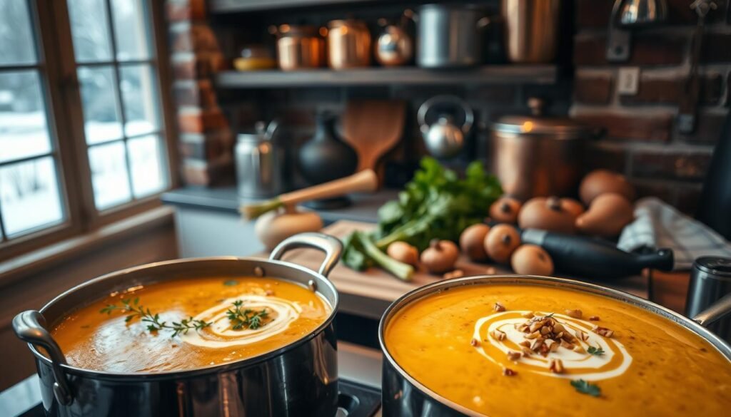 A cozy kitchen scene, bathed in soft, warm lighting. In the foreground, a simmering pot of creamy seasonal soup, its surface gently rippling. Garnished with a sprinkling of fresh herbs, a swirl of crème fraîche, and a sprinkle of crushed toasted nuts. In the middle ground, a wooden cutting board with seasonal produce - earthy root vegetables, vibrant greens, and plump mushrooms, awaiting preparation. The background features a rustic brick wall, shelves of gleaming copper pots, and a glimpse of a window overlooking a snowy winter landscape. The overall mood is one of comforting, homespun elegance, perfect for enjoying a velvety, indulgent seasonal soup.