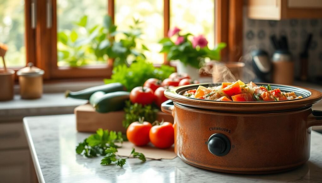 A cozy kitchen scene featuring an array of seasonal crockpot dishes simmering on the countertop. In the foreground, a rustic ceramic crockpot overflows with a fragrant vegetable stew, steam rising gently. Behind it, a selection of vibrant summer produce - fresh tomatoes, zucchini, and herbs - is neatly arranged. Soft, warm lighting casts a welcoming glow, while a large window in the background offers a glimpse of a lush, verdant garden outside. The atmosphere is one of relaxed, homey comfort, inviting the viewer to savor the flavors of summer with these easy, hands-off crockpot creations.