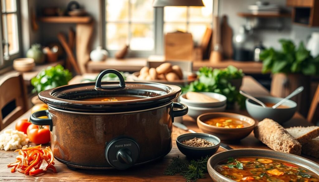 A cozy kitchen scene showcasing a variety of classic crock pot soup recipes. In the foreground, a large rustic crock pot simmers with a hearty, aromatic broth. Surrounding it are various fresh ingredients like chopped vegetables, herbs, and seasonings. In the middle ground, a wooden table is set with bowls, spoons, and crusty bread, inviting the viewer to enjoy a comforting meal. The background features warm, soft lighting, perhaps from a window or pendant lamp, creating a welcoming and homey atmosphere. The overall mood is one of simplicity, nourishment, and the comforts of home-cooked food.
