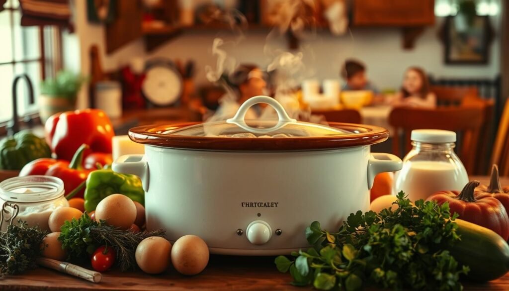 A cozy kitchen scene with a large, well-worn crockpot taking center stage, steam gently rising from its lid. Surrounding it, a collection of hearty vegetables, savory herbs, and rich, creamy dairy products evoke the comforting aromas of a family's favorite soup simmering away. The warm lighting casts a soft, homey glow, while the rustic, farmhouse-inspired decor suggests this is a beloved, often-used recipe passed down through generations. In the background, a glimpse of a family gathered around the table, eagerly anticipating the nourishing meal. An image that captures the essence of easy, comforting, and family-friendly crockpot soup recipes.