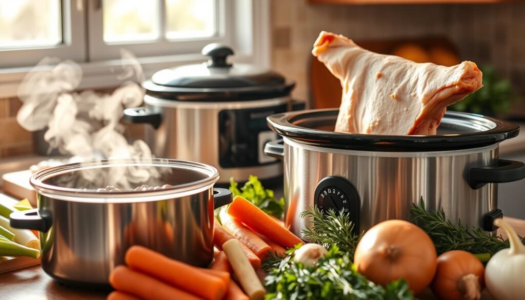 A cozy kitchen scene with a slow cooker in the foreground, its contents simmering gently. The pot releases wisps of steam, hinting at the savory flavors within. Behind it, a large, meaty ham bone rests on a cutting board, ready to be added to the mix. Surrounding the slow cooker, an assortment of fresh vegetables - carrots, celery, onions, and herbs - waits to be chopped and incorporated. Sunlight streams in through a nearby window, casting a warm glow over the scene and accentuating the earthy tones of the ingredients. The overall mood is one of comforting, homemade goodness, perfectly capturing the essence of "Cooking Methods for Ham Bone Soup."