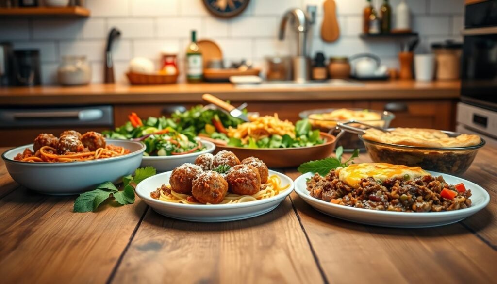 A cozy kitchen scene with a wooden table in the foreground, featuring a variety of budget-friendly minced beef dishes. In the center, a hearty meatball casserole, accompanied by a plate of spaghetti bolognese and a savory shepherd's pie. The middle ground showcases a colorful salad and a simple beef and vegetable stir-fry. In the background, a well-stocked pantry and a warm, inviting atmosphere created by soft, diffused lighting and natural textures. The overall mood is one of homely comfort and nourishing, affordable meals. A cozy kitchen scene with a wooden table in the foreground, featuring a variety of budget-friendly minced beef dishes. In the center, a hearty meatball casserole, accompanied by a plate of spaghetti bolognese and a savory shepherd's pie. The middle ground showcases a colorful salad and a simple beef and vegetable stir-fry. In the background, a well-stocked pantry and a warm, inviting atmosphere created by soft, diffused lighting and natural textures. The overall mood is one of homely comfort and nourishing, affordable meals.