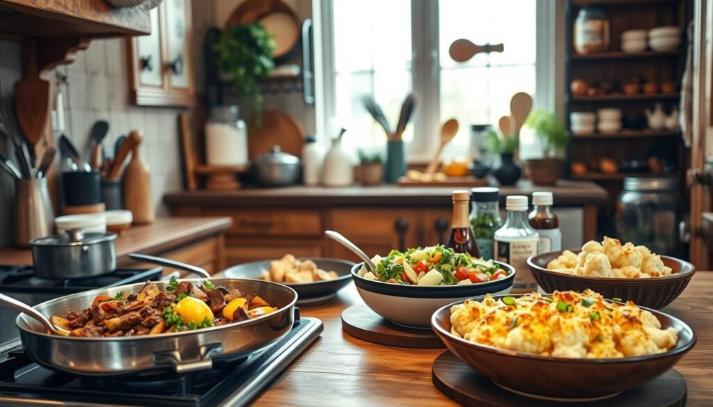A cozy kitchen scene with an assortment of traditional dishes elegantly reimagined in a keto-friendly style. In the foreground, a savory beef and vegetable stir-fry simmers on the stove, while a creamy cauliflower gratin and a vibrant keto-friendly salad adorn the table. The middle ground features an array of low-carb pantry items, such as almond flour, coconut oil, and an assortment of fresh herbs and spices. The background showcases a rustic farmhouse-style interior, complete with warm wooden accents, a vintage-inspired rack of cookware, and a bright, natural light filtering through the window. The overall atmosphere conveys a sense of culinary experimentation and a celebration of healthier, more sustainable eating.