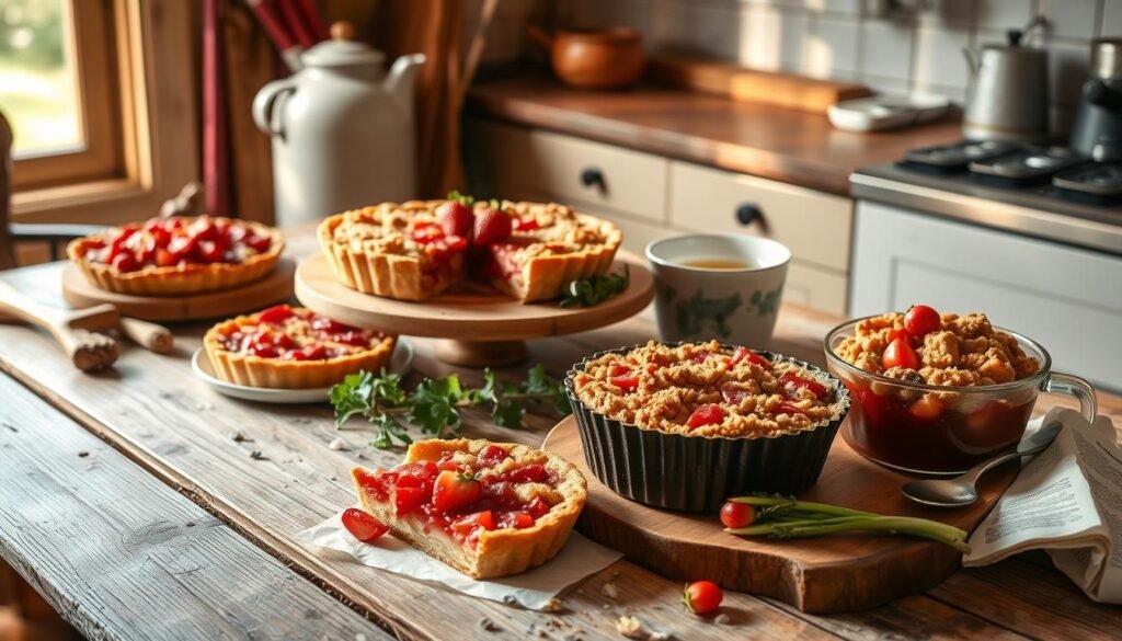 A cozy kitchen setting with a rustic wooden table, featuring a variety of gluten-free rhubarb recipes. Warm, natural lighting illuminates the scene, casting a soft glow over the assortment of baked goods, such as a rhubarb tart, a rhubarb-strawberry crumble, and a rhubarb and ginger compote. Fresh rhubarb stalks and aromatic herbs accent the tabletop. The overall atmosphere is one of health, simplicity, and culinary delight, showcasing the versatility and appeal of gluten-free rhubarb dishes.