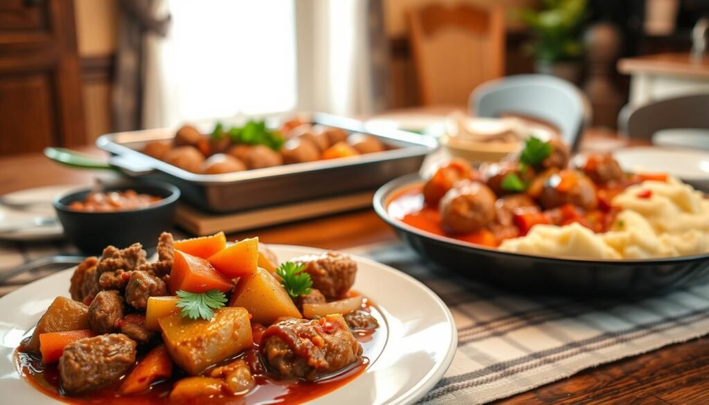 A cozy kitchen table set with classic comfort food dishes featuring minced beef. In the foreground, a hearty beef and vegetable stew with tender chunks of beef, carrots, onions, and potatoes, garnished with fresh parsley. In the middle ground, a tray of savory beef meatballs in a rich tomato sauce, served alongside creamy mashed potatoes. The background showcases a warm, inviting scene with natural lighting filtering through a window, casting a soft glow on the meal. The overall atmosphere evokes a sense of homemade, rustic elegance, perfect for an intimate family gathering or a comforting weekend dinner. A cozy kitchen table set with classic comfort food dishes featuring minced beef. In the foreground, a hearty beef and vegetable stew with tender chunks of beef, carrots, onions, and potatoes, garnished with fresh parsley. In the middle ground, a tray of savory beef meatballs in a rich tomato sauce, served alongside creamy mashed potatoes. The background showcases a warm, inviting scene with natural lighting filtering through a window, casting a soft glow on the meal. The overall atmosphere evokes a sense of homemade, rustic elegance, perfect for an intimate family gathering or a comforting weekend dinner.