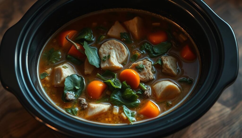 A cozy, low-lit crock pot filled with a rich, creamy low-carb soup. Aromatic vegetables and herbs simmer in a savory broth, casting a warm, inviting glow. Tender chunks of chicken or beef nestle among tender greens and a medley of hearty, fibrous vegetables. The scene is captured in a soft, diffused light, hinting at the nourishing, comforting meal within. A rustic wooden table or countertop provides a natural, earthy backdrop, complementing the wholesome, homemade feel of the scene.