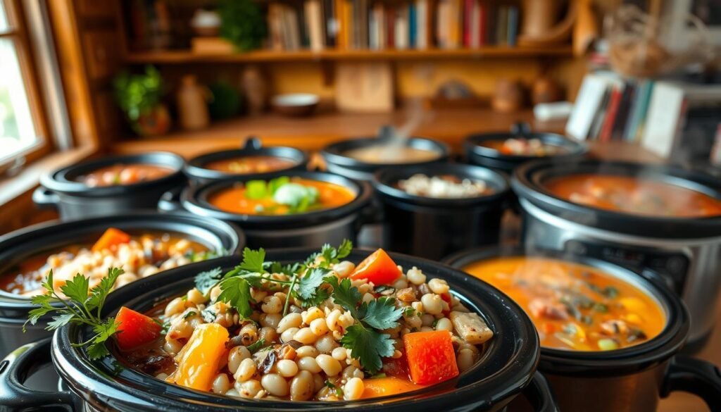 A cozy, rustic scene of a variety of simmering vegetarian crock pot soups. In the foreground, an assortment of fresh vegetables, beans, grains, and aromatic herbs spill out of an open crock pot, steam gently rising. The middle ground features multiple crock pots, each containing a different meatless soup, their contents bubbling and rich in color. In the background, a warm, softly lit kitchen with wooden countertops and shelves stocked with cookbooks. The overall atmosphere is inviting, homey, and nourishing, capturing the comforting essence of slow-cooked, plant-based soups.